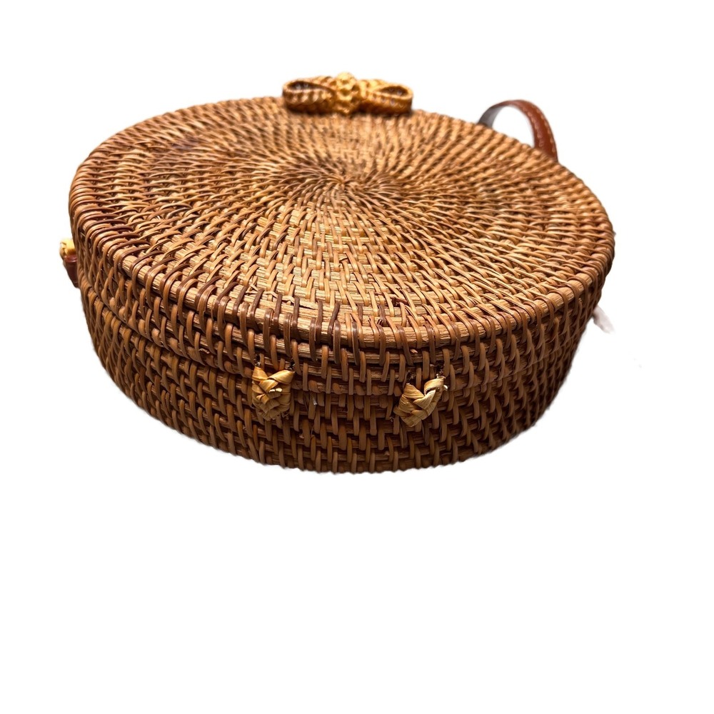 Womens Round Woven Straw Rattan Crossbody Bag Tan Leather Strap Floral Lined - Picture 13 of 16